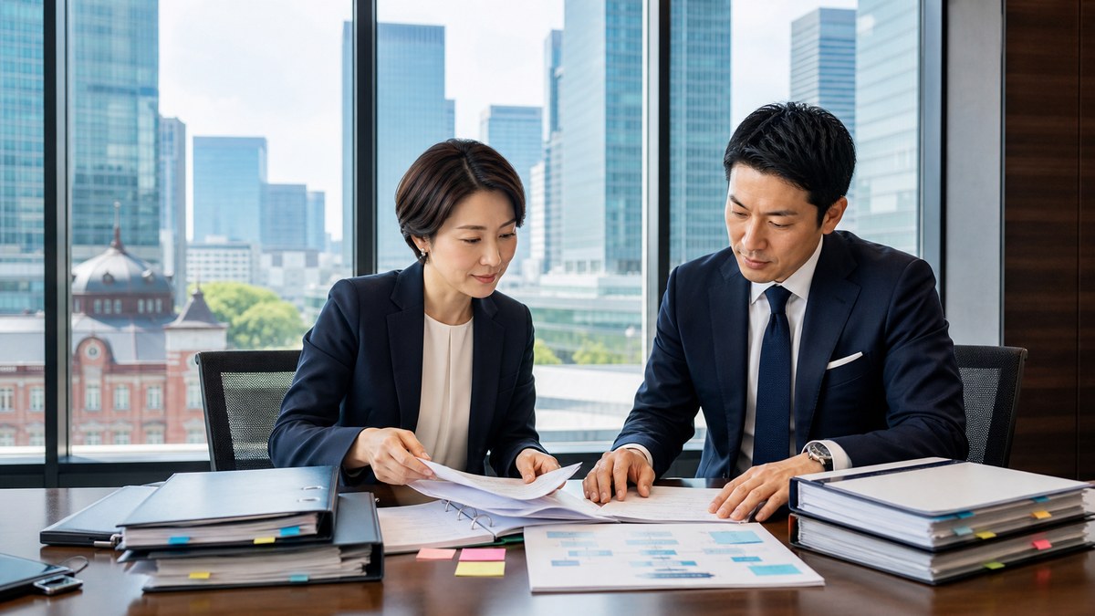 事業承継前の契約書と商流資料を整理する大手町の会議風景