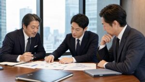 BtoB専門サービス会社の代表と買い手が承継資料を確認する写真