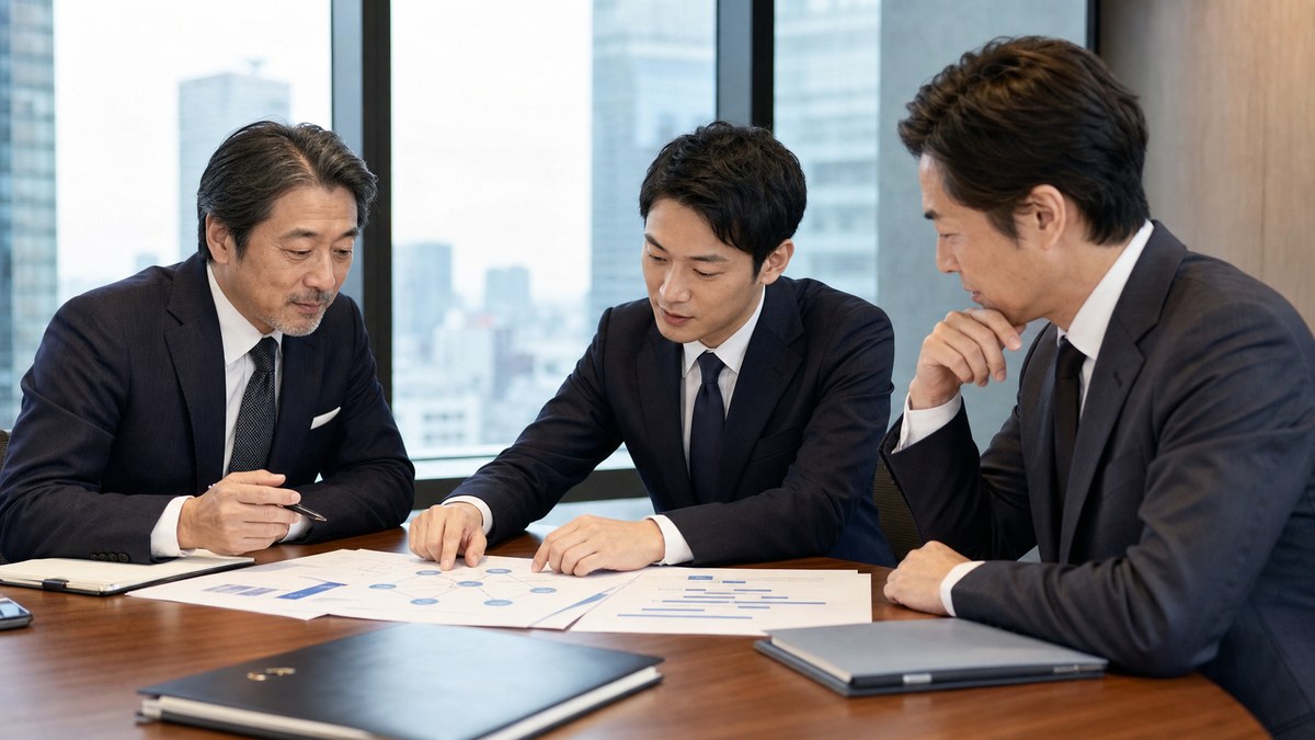BtoB専門サービス会社の代表と買い手が承継資料を確認する写真