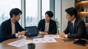 IT・SaaS支援会社のM&Aでダッシュボードと契約資料を確認する写真