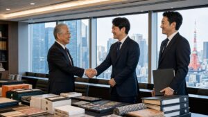 日本橋の商社・卸会社のM&Aで仕入先資料と商品サンプルを前に握手する写真