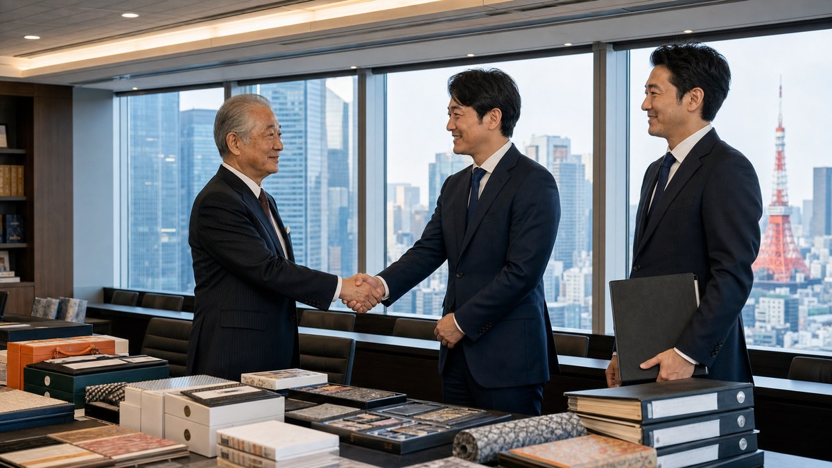 日本橋の商社・卸会社のM&Aで仕入先資料と商品サンプルを前に握手する写真