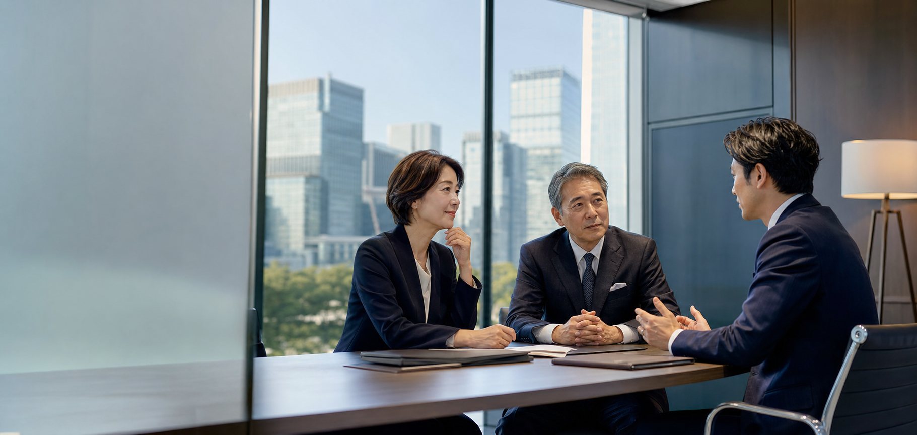 大手町の会議室でM&A相談を行う経営者とアドバイザー