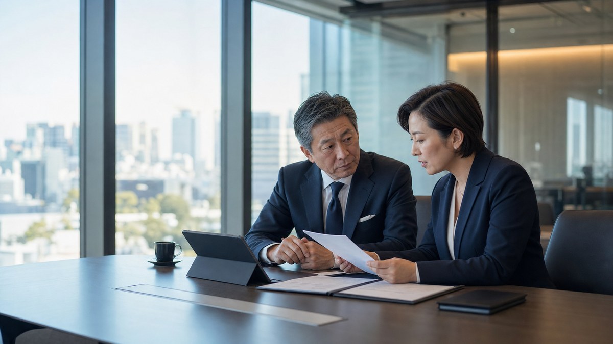 大手町の会議室で経営者とM&Aアドバイザーが会社売却資料を確認する写真