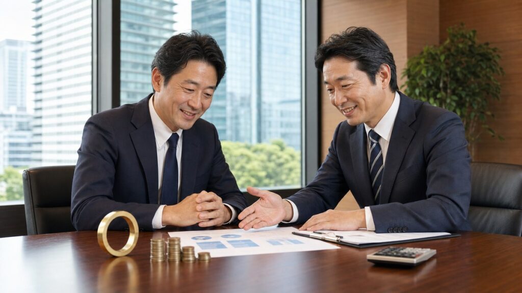 譲渡企業様の手数料0円のM&A相談を経営者とアドバイザーが確認する写真