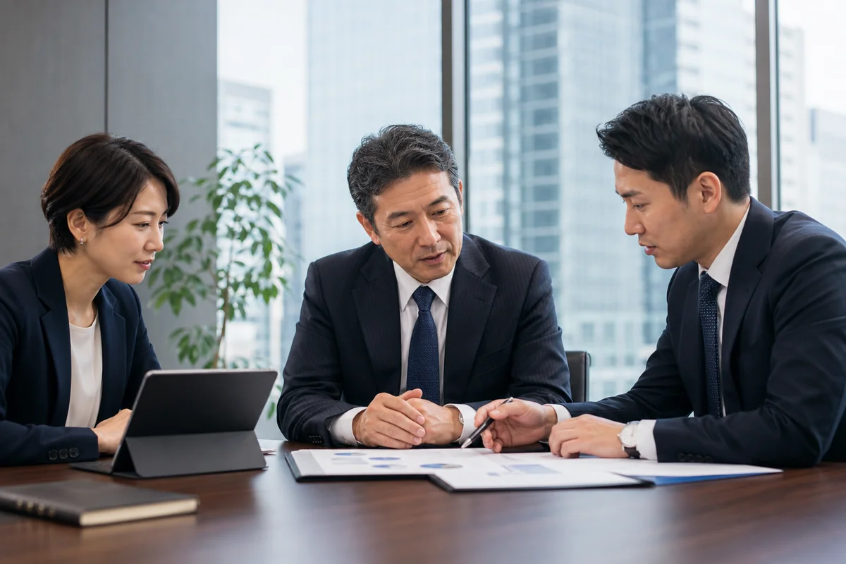 千代田区の会議室でM&Aと会社譲渡を相談する経営者とアドバイザー