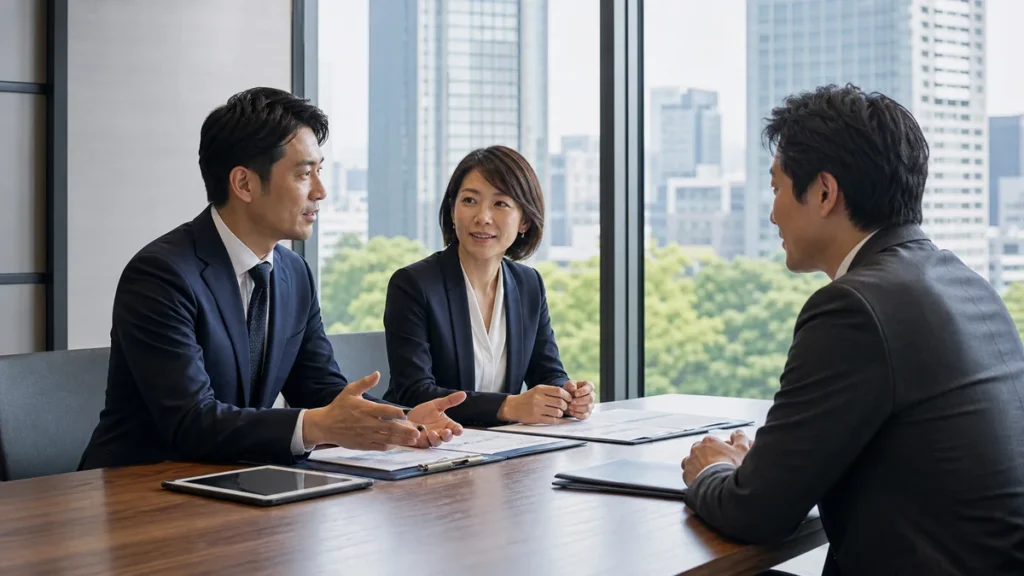 神保町周辺の会議室で会社売却M&Aを相談する経営者とアドバイザー