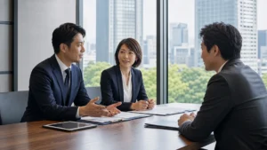 神保町周辺の会議室で会社売却M&Aを相談する経営者とアドバイザー