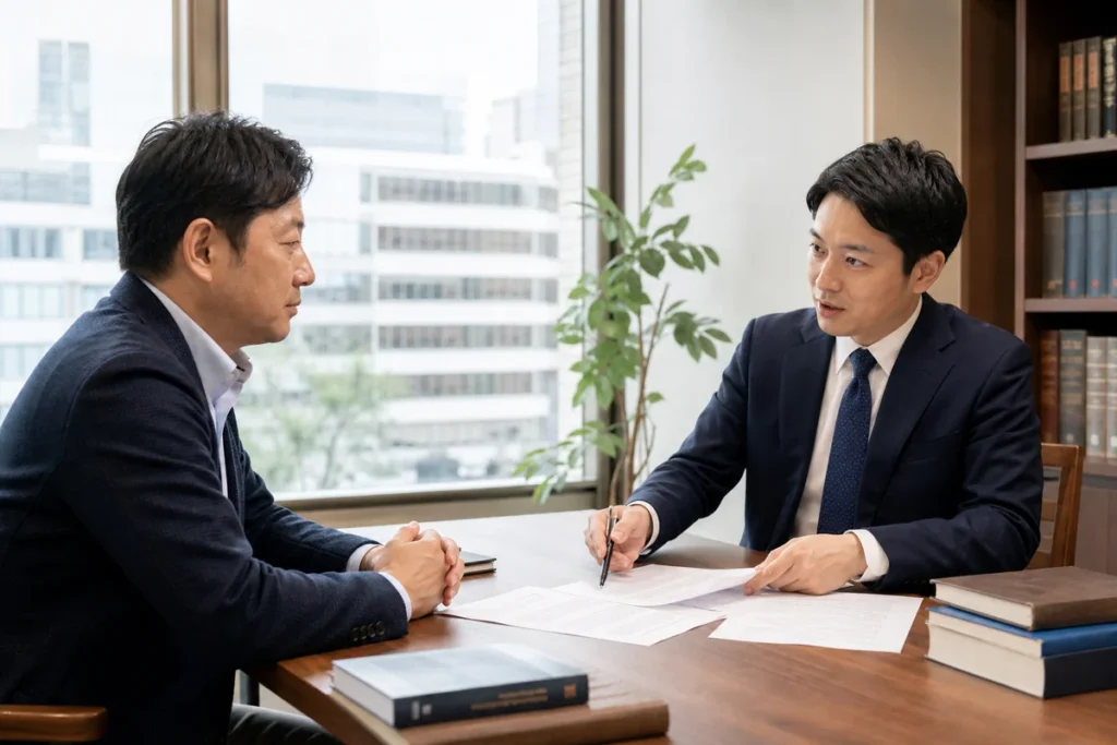 神保町周辺の落ち着いた会議室でM&Aと事業承継を相談する企業経営者とアドバイザー