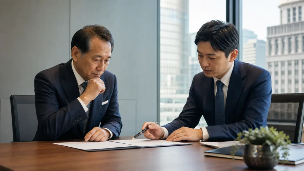 神田周辺の会議室で事業承継M&Aを相談する経営者とアドバイザー