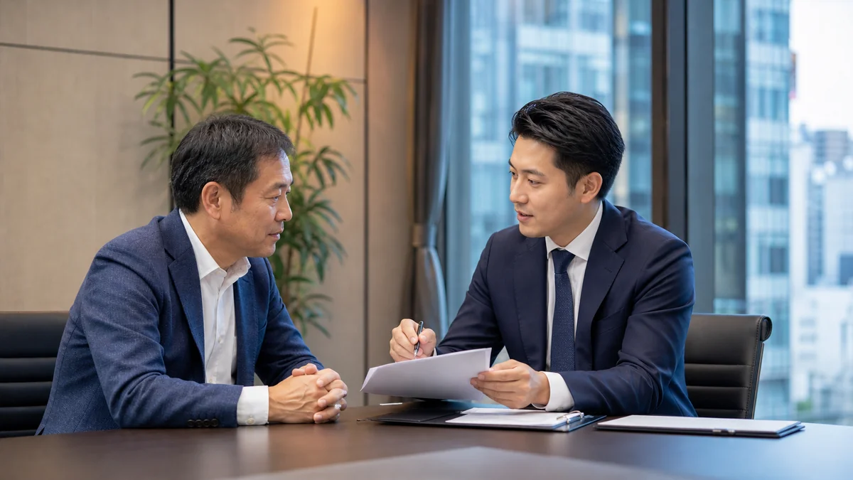 神田周辺の会議室で士業事務所のM&Aと事業承継を相談する経営者とアドバイザー
