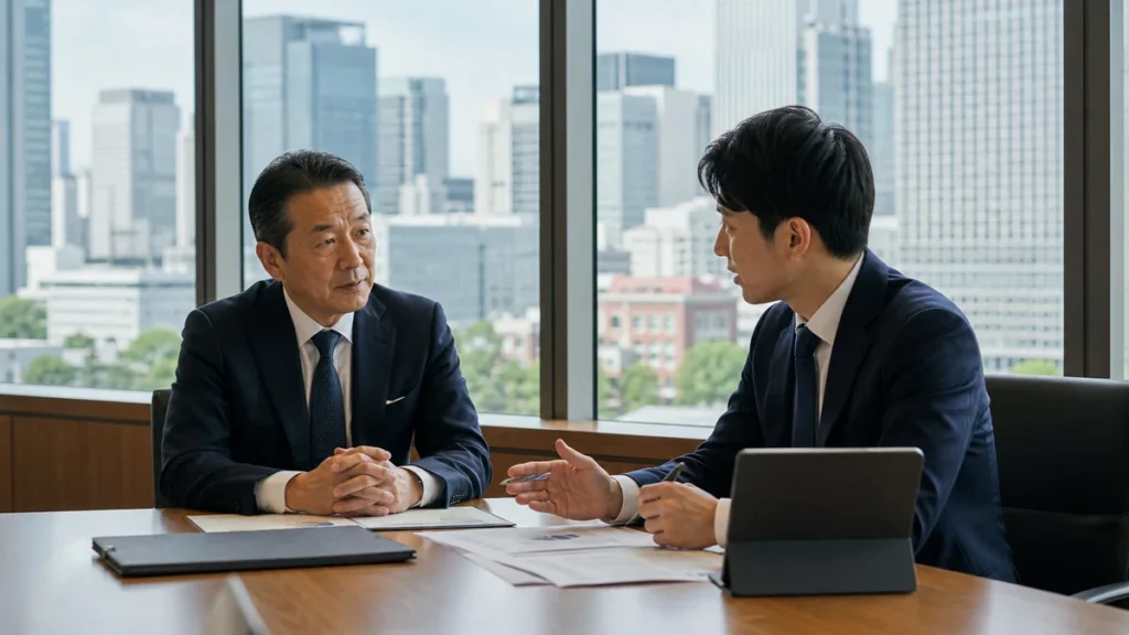 丸の内周辺の会議室で会社売却と事業承継を相談する経営者とアドバイザー