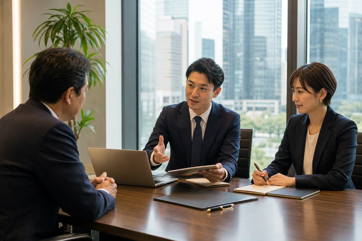 丸の内の会議室でM&Aと会社譲渡について相談する経営者とアドバイザー