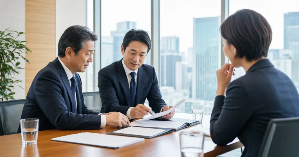 日本橋の会議室で専門サービス会社のM&Aと会社譲渡を相談する経営者とアドバイザー