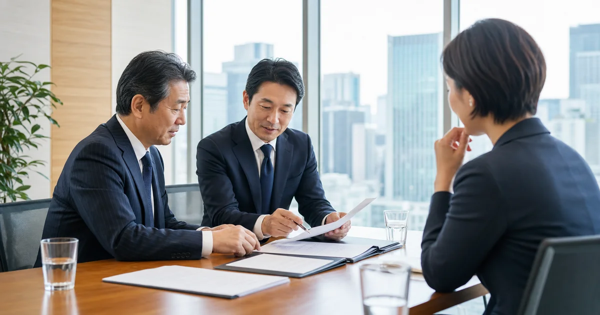 日本橋の会議室で専門サービス会社のM&Aと会社譲渡を相談する経営者とアドバイザー