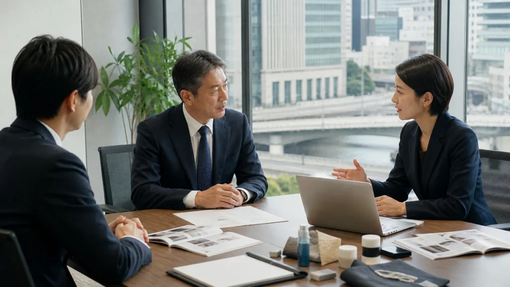 日本橋周辺の会議室で商社M&Aと事業承継を相談する企業経営者とアドバイザー