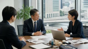日本橋周辺の会議室で商社M&Aと事業承継を相談する企業経営者とアドバイザー
