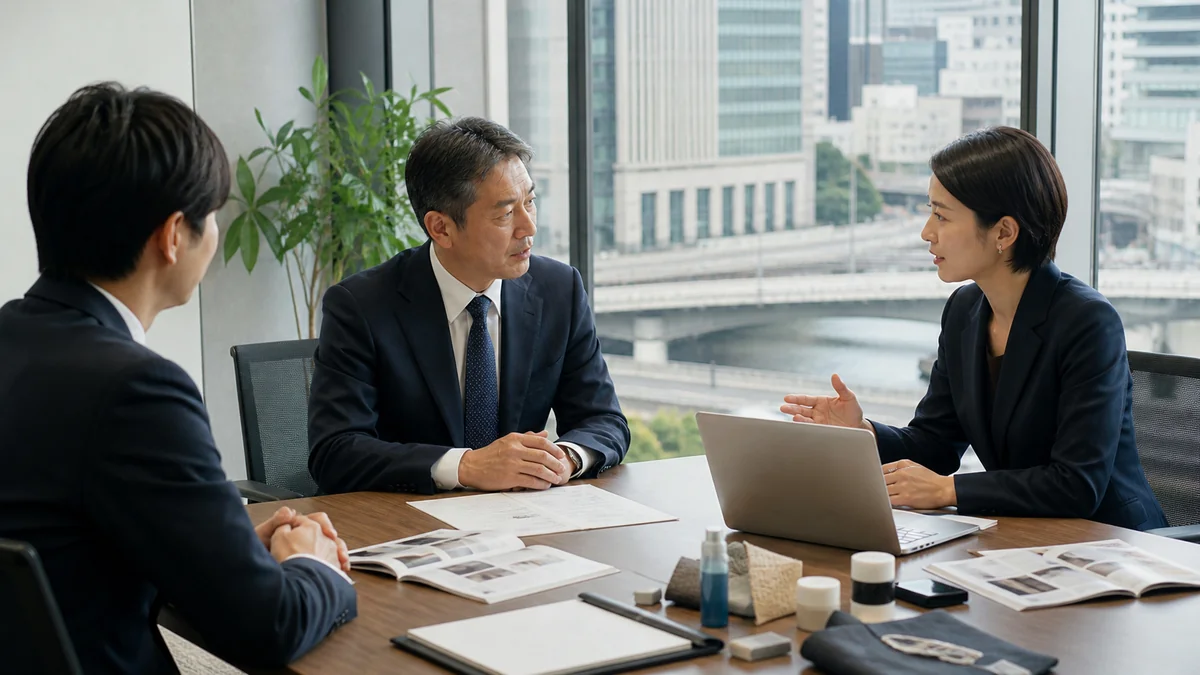 日本橋周辺の会議室で商社M&Aと事業承継を相談する企業経営者とアドバイザー