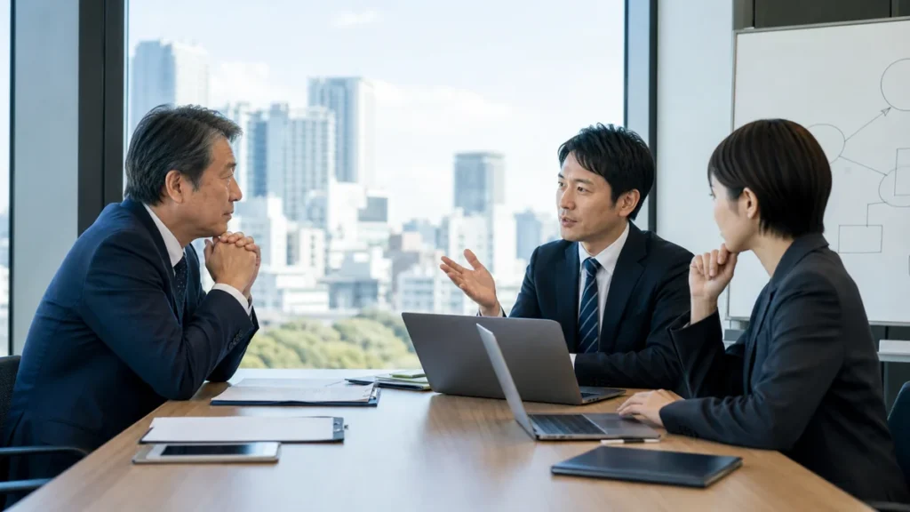 御茶ノ水周辺の会議室でIT企業のM&Aを相談する経営者とアドバイザー