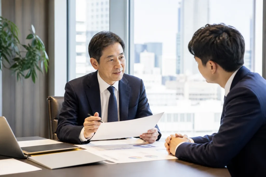 大手町周辺の会議室でBtoBサービス会社のM&Aと事業承継を相談する経営者とアドバイザー