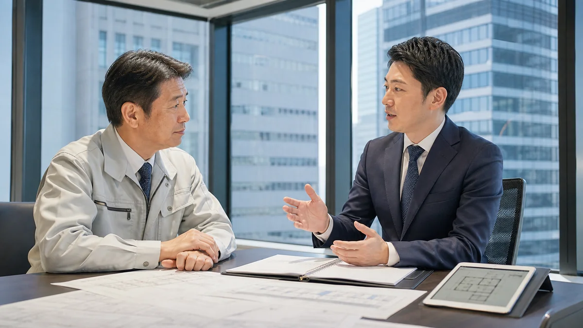 大手町の会議室で建設業のM&Aと会社譲渡を相談する経営者とアドバイザー
