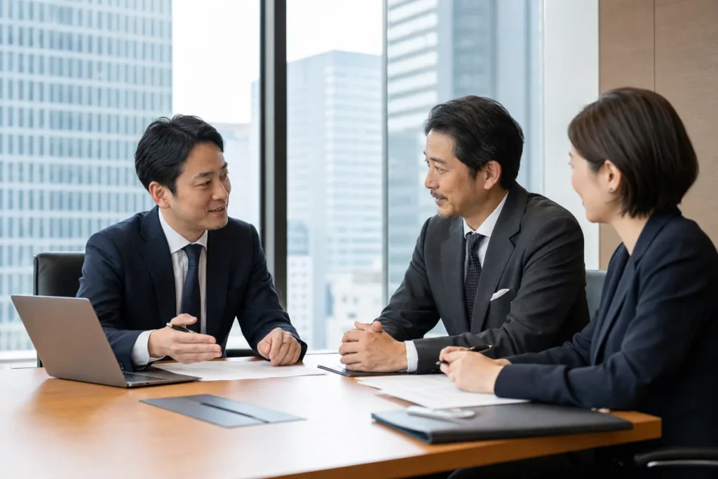 大手町の会議室でIT企業のM&Aと会社譲渡を相談する経営者とアドバイザー