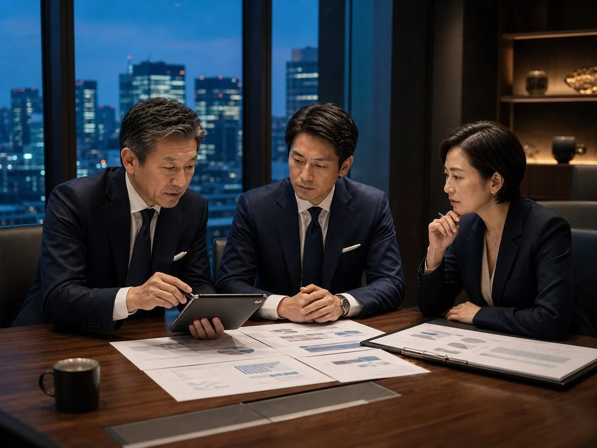譲受候補先の初期検討リストを検討するM&Aアドバイザーと経営者