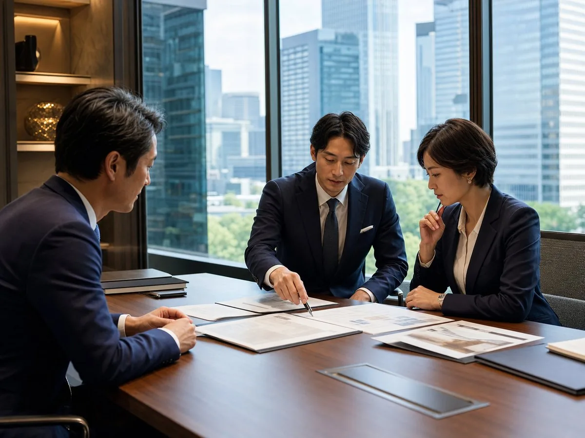 大手町の会議室で会社譲渡資料を確認する経営者と専門家