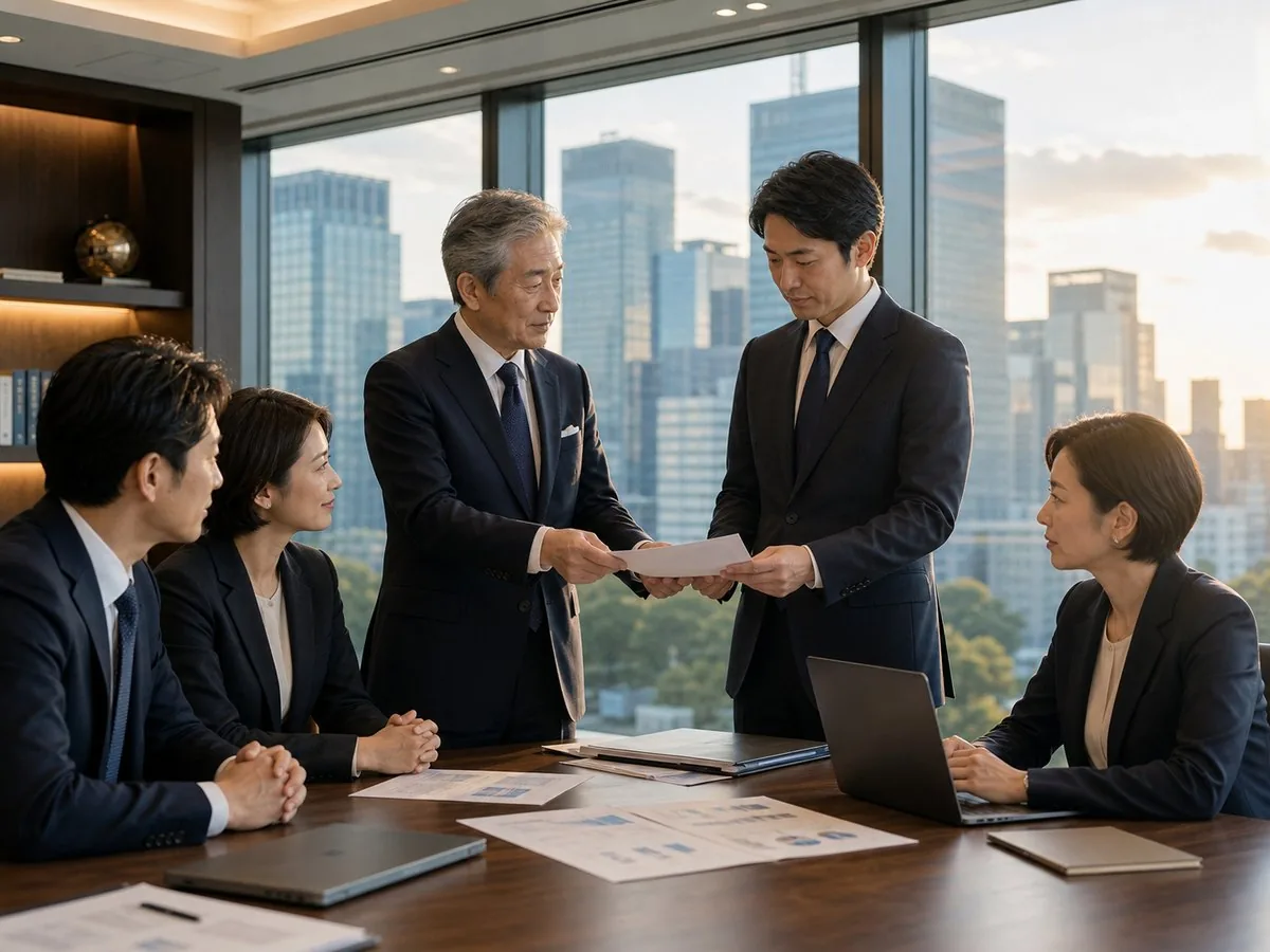 事業承継後の引継ぎ計画を確認する経営者と管理チーム