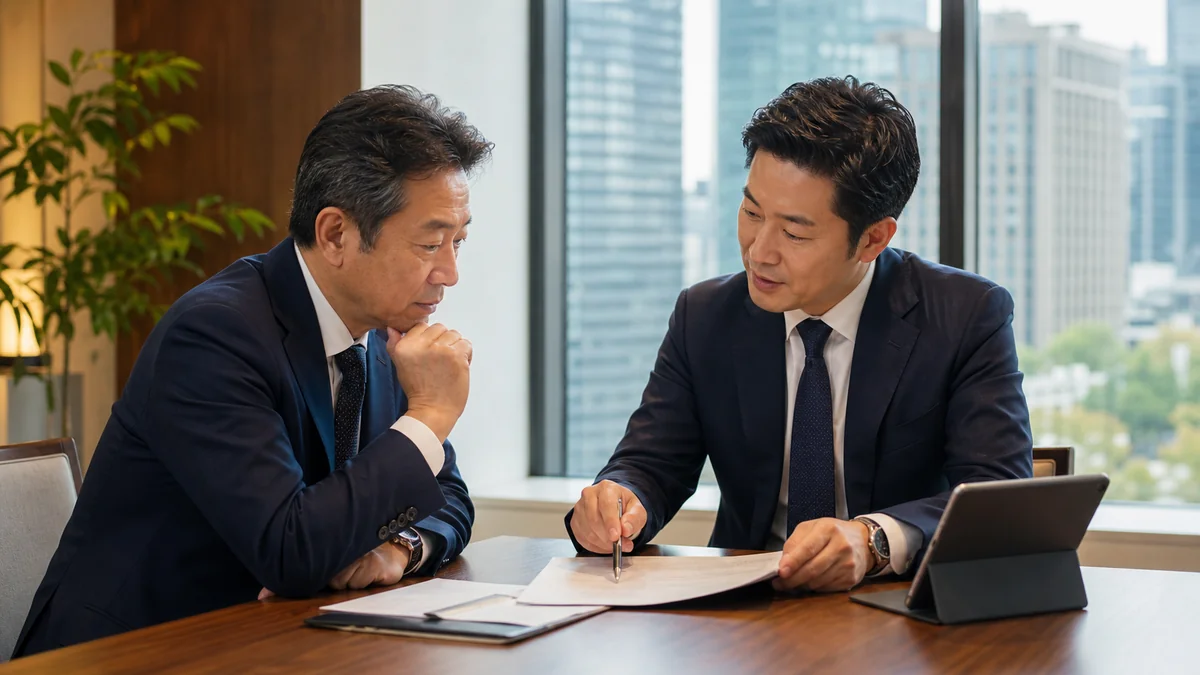 大手町の会議室でオフィス関連サービス会社のM&Aと会社譲渡を相談する経営者とアドバイザー