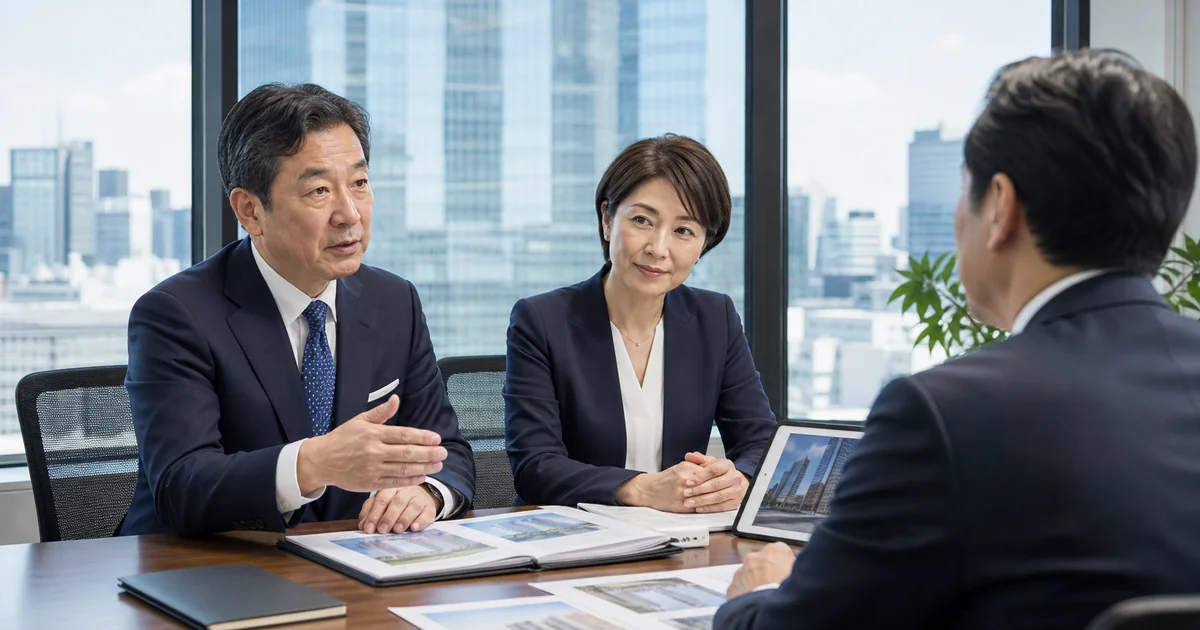 大手町の会議室で不動産会社のM&Aと会社譲渡を相談する経営者とアドバイザー