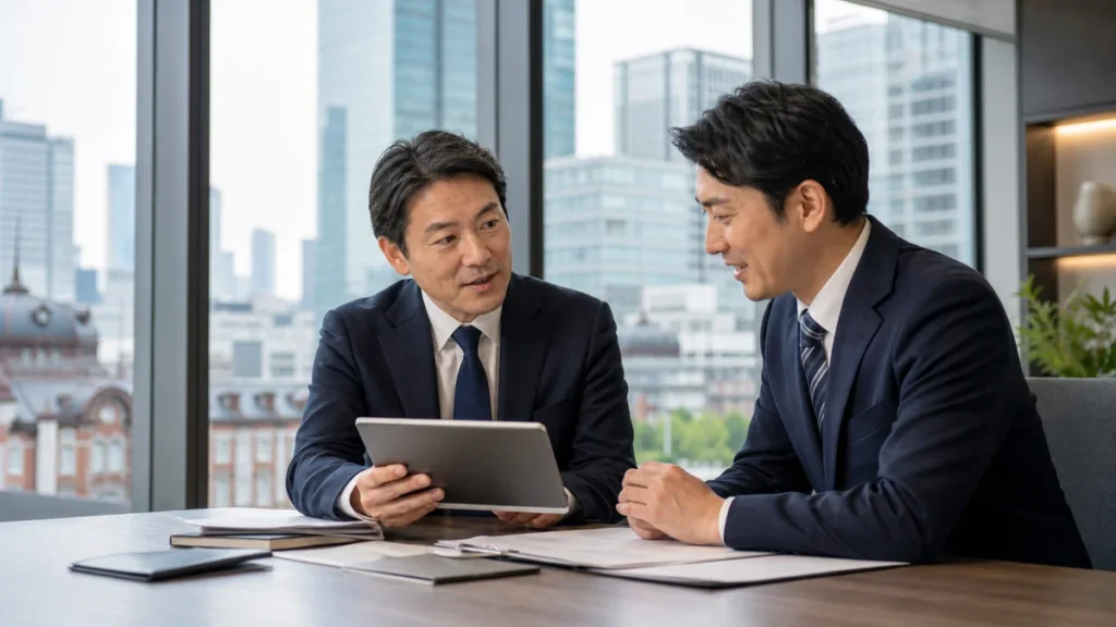 大手町の会議室で人材会社のM&Aと会社譲渡を相談する経営者とアドバイザー