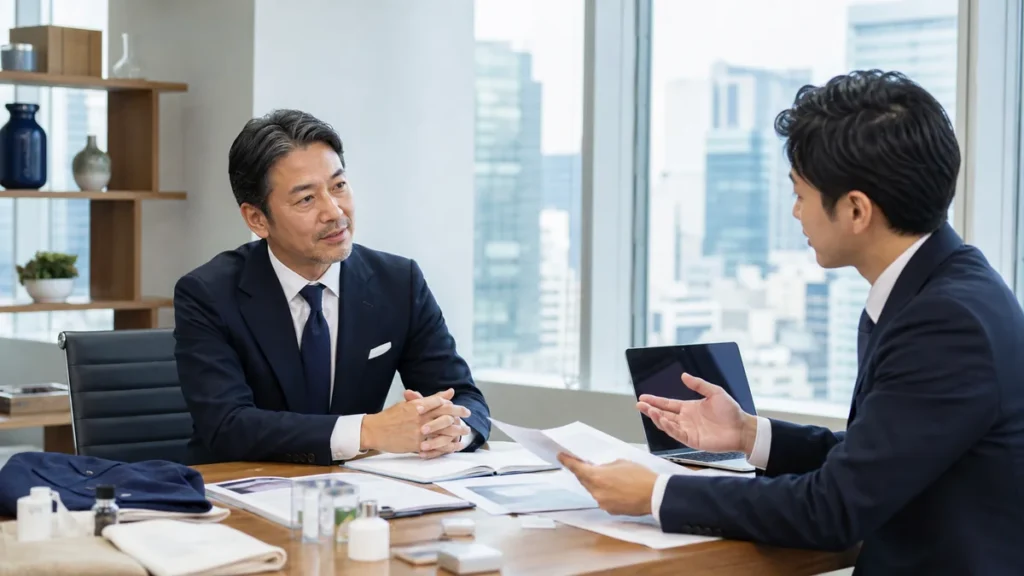 大手町の会議室で商社のM&Aと会社譲渡を相談する経営者とアドバイザー