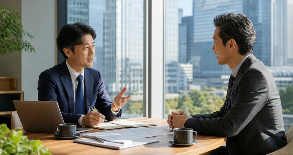 東京駅周辺の会議室で会社売却と事業承継を相談する経営者とアドバイザー