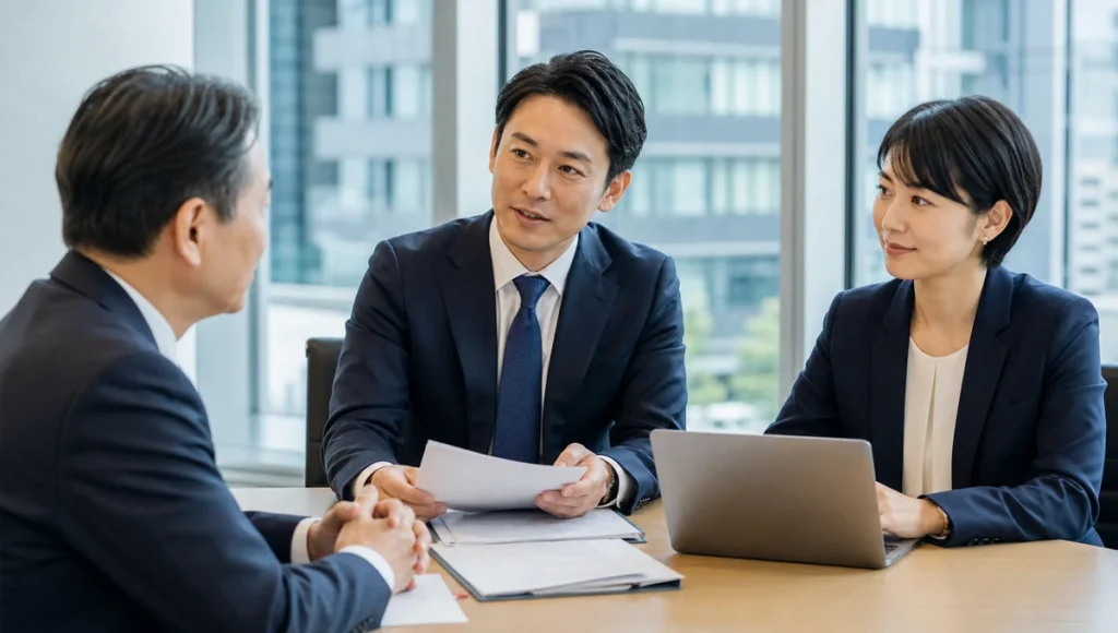 東京駅周辺の会議室でM&Aと事業承継を相談する経営者とアドバイザー